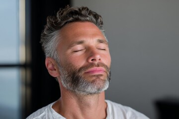 Obraz premium Caucasian mature male relaxing with eyes closed in tranquil setting