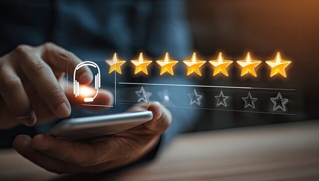 Person interacting with a glowing customer service rating