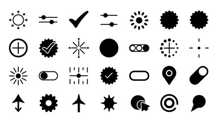 Collection of Black and White Vector Icons for Digital Interfaces and Settings
