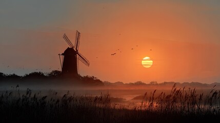 Misty sunrise over windmill (1)
