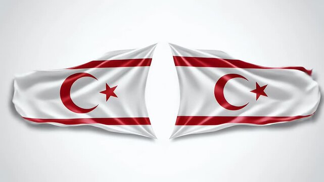 Two fluttering flags of the Turkish Republic of Northern Cyprus, showcasing national symbols.