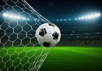 Soccer ball hitting the back of the net in a brightly lit stadium