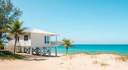 White stilt house beside palm trees on a sandy beach under a clear blue sky day evoke serenity.