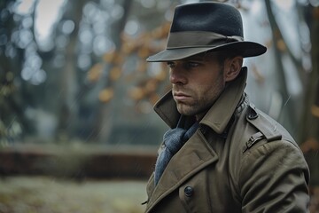 Fototapeta premium Stylish detective wearing a trench coat and fedora stands in the rain, exuding an air of mystery and intrigue