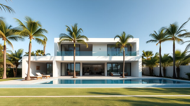 Exterior of amazing modern minimalist cubic villa with large swimming pool among palm tree