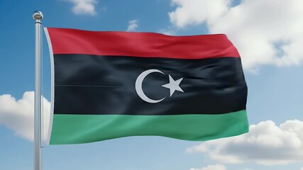 A Libyan flag waving proudly in a partly cloudy sky.