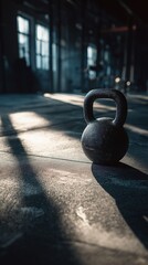 A solitary kettlebell, cast in shadow within a rugged gym, evoking the strength and resilience of fitness.
