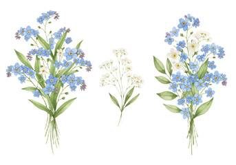 Naklejka premium Watercolor illustration of pastel flowers, including roses and hydrangeas, with lush green leaves on a plain white background. AI generated.