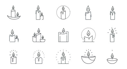 Collection of Minimalist Candle Line Art Icons with Flames and Wax Details