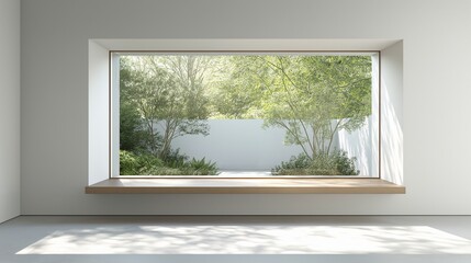 A modern window frame elegantly captures the essence of nature's tranquility, inviting the outdoors inside, while a wooden bench provides a serene spot for contemplation.