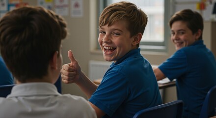 Happy schoolboy giving thumbs up while sitting at desk in classroom  