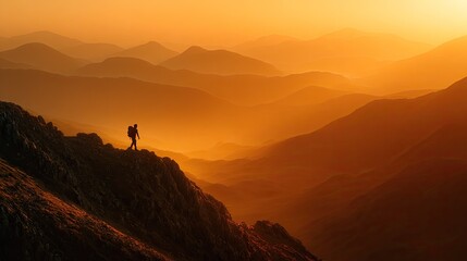 Silhouette hiker on mountain ridge at golden sunrise
