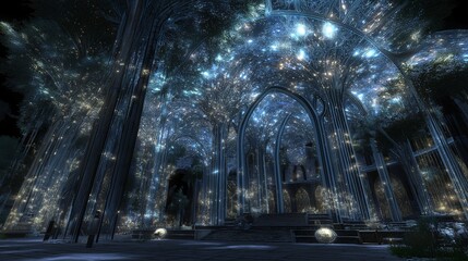A majestic architectural interior with tall columns and intricate details. The interior is illuminated by glowing lights that add to the atmosphere. 
