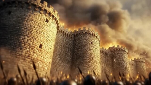 Epic medieval battle, army charging massive stone castle walls under fiery skies and smoke.