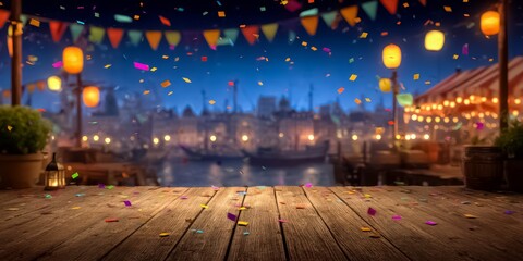 Colorful scene with a wooden floor and a lot of confetti