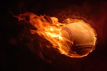 a flaming baseball suspended in darkness, creating a striking visual contrast.