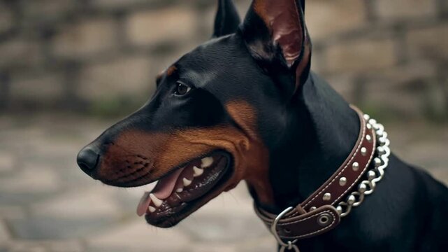 A regal Doberman pinscher exudes power and poise, its sleek black coat and intense gaze commanding attention.  Capturing the essence of canine elegance.
