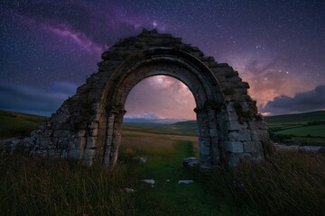 An ancient stone archway frames a stunning night sky filled with stars, offering a glimpse into a mystical landscape. The weathered architecture stands as a testament to time.