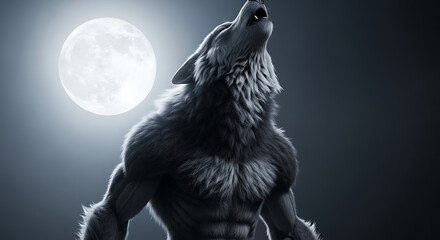 A muscular werewolf howling under a full moon in the night, a digitally rendered illustration