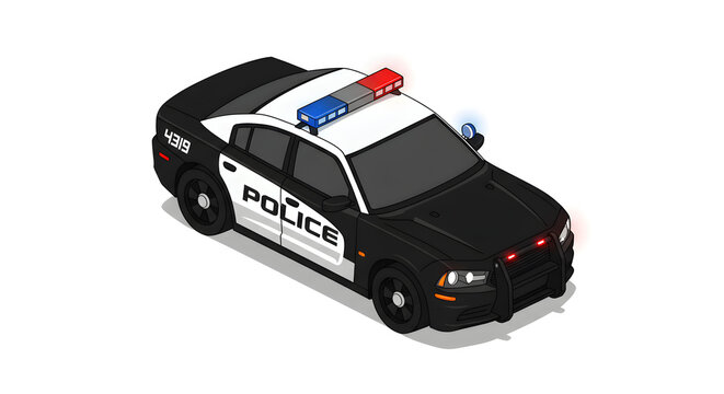 A detailed isometric 3D vector illustration of a modern police patrol car with emergency lights, isolated on a white background.