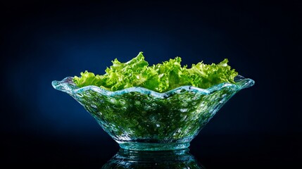 Fresh green lettuce leaves arranged in a decorative glass bowl, illuminated against a dark background, showcasing vibrant colors and textures in a culinary presentation