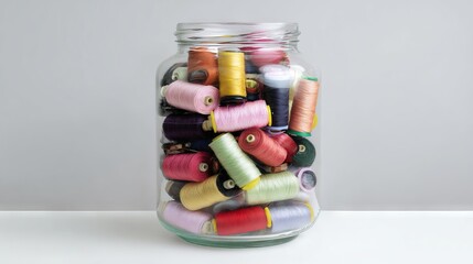 Colorful spools of thread in a clear glass jar, showcasing a variety of vibrant hues and textures, perfect for sewing enthusiasts and craft projects, adding charm to any workspace