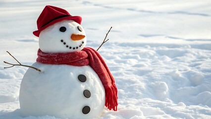 A cheerful snowman with a red hat and scarf isolated on white background. Festive winter holiday character illustration. AI GENERATED.