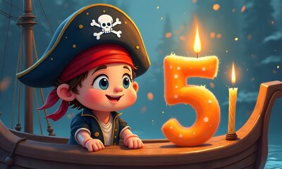 Charming Toddler Pirate Happily Celebrating Fifth Birthday against Dreamy Night Background with Copy Space