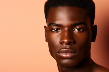 Close up portrait of a handsome young black man with a confident expression, posing against a peach background