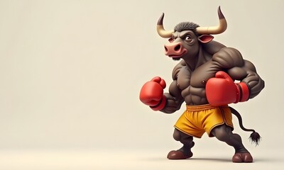 Determined Cartoon Bull Boxing Stance Beige Background