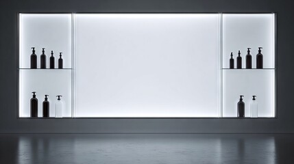 Minimalist display shelf featuring various dark glass bottles with a bright illuminated background, creating an elegant and modern ambiance for product showcasing and advertising