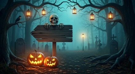 Photo of a spooky halloween graveyard scene with pumpkins and a skeleton sign under hanging lanterns