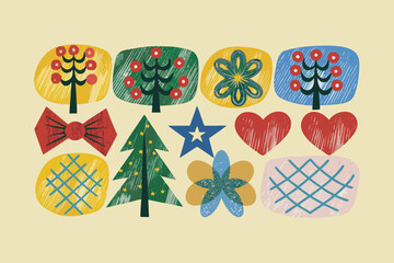 Eclectic hand-drawn icons of trees, stars, bows, and hearts.