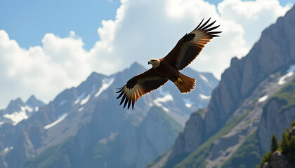 A majestic eagle takes flight over stunning mountain scenery on a bright day.