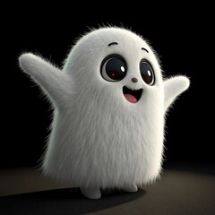 Obraz premium A cute and fluffy white cartoon ghost with big eyes and a cheerful smile stands playfully against a dark background