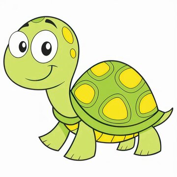 A cheerful cartoon turtle with a vibrant shell stands, radiating happiness and approachability. Capturing playful character.