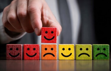 Hand placing a happy face wooden block among a row of various emotions