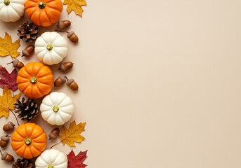 Fototapeta premium Autumn harvest border with pumpkins, acorns, pinecones, and colorful leaves