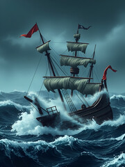 pirate ship sinking in stormy sea, with waves crashing against the hull, created with