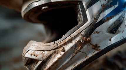 Close-up of mud-splattered motocross helmet with cracks and dirt stains