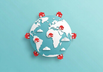 A light-blue, paper-cut-style globe sits centered in the image, positioned on a light-teal-blue background