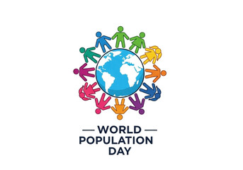 A logo design for World Population Day.  A stylized globe is centrally located, with various colored, simplified human figures