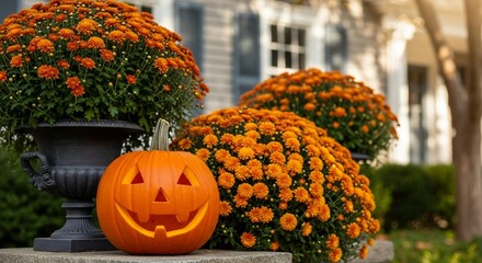 Photo of a cheerful jackolantern sits among vibrant orange mums, adorning the entrance of a charming house for autumn