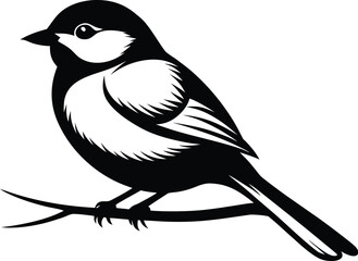 Chickadee bird silhouette, songbird line art, minimal wildlife vector, perched bird drawing, nature illustration design