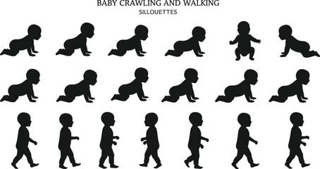Baby crawling and walking silhouette vector set, infant growth motion stages, toddler walking poses, child movement evolution clipart, isolated black baby silhouettes
