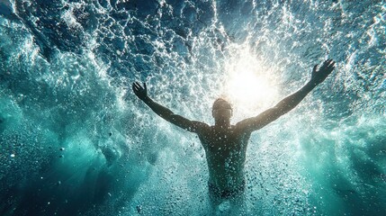  A person standing in the center of a body of water with their arms outstretched and palms upwards