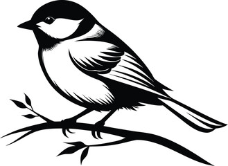 Chickadee bird silhouette, songbird line art, minimal wildlife vector, perched bird drawing, nature illustration design