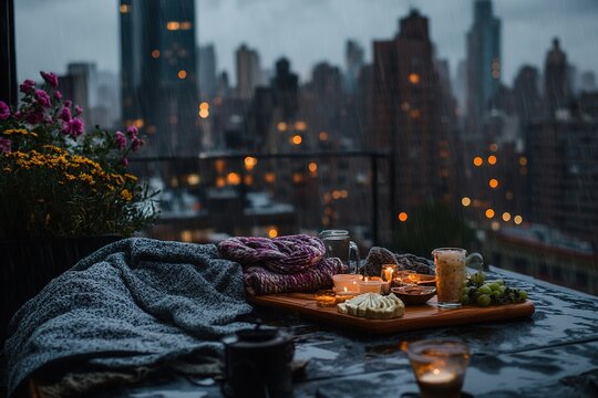 rainy rooftop picnic with cozy blankets
