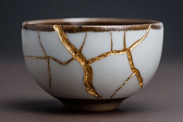 White ceramic bowl with gold repair lines, exhibiting a Kintsugi aesthetic