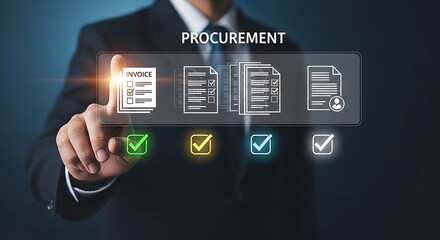 Ai generated image of a businessman touching a digital screen displaying procurement documents and approval process